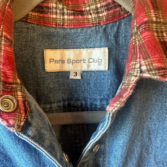 Vintage Denim Long Dress with Red Plaid Sleeves Full Length Snaps - Picture 7 of 8